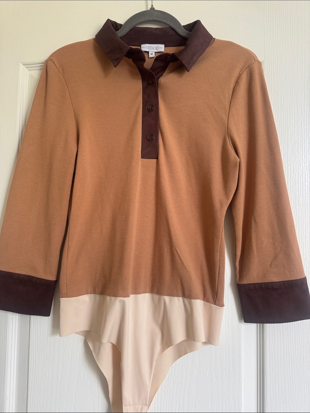 Sedge Colorblock Long-Sleeve Bodysuit in Camel/Brown/Cream